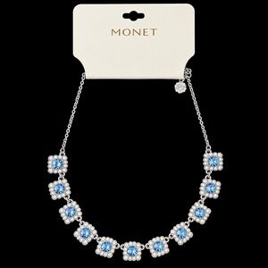 Vintage Monet Blue Crystal Floral Necklace Sample One of a Kind Silver Tone